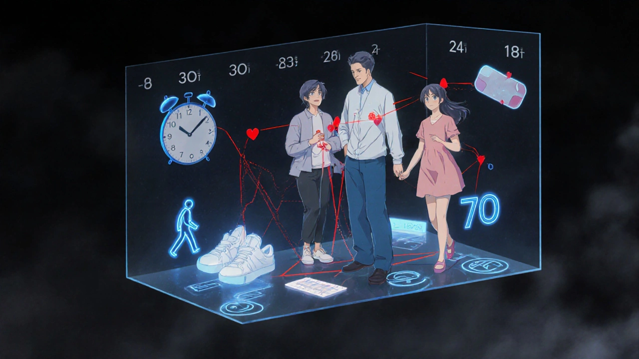 A holographic family medical chart linking a father&#039;s early heart attack to his daughter&#039;s cholesterol levels, with medical symbols glowing.
