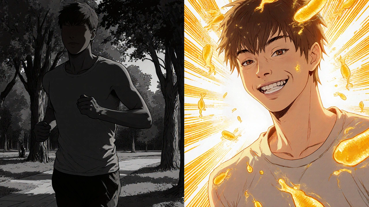 A man transforms from tired and shadowed to energetic and sunlit, with golden sperm cells swirling around him.