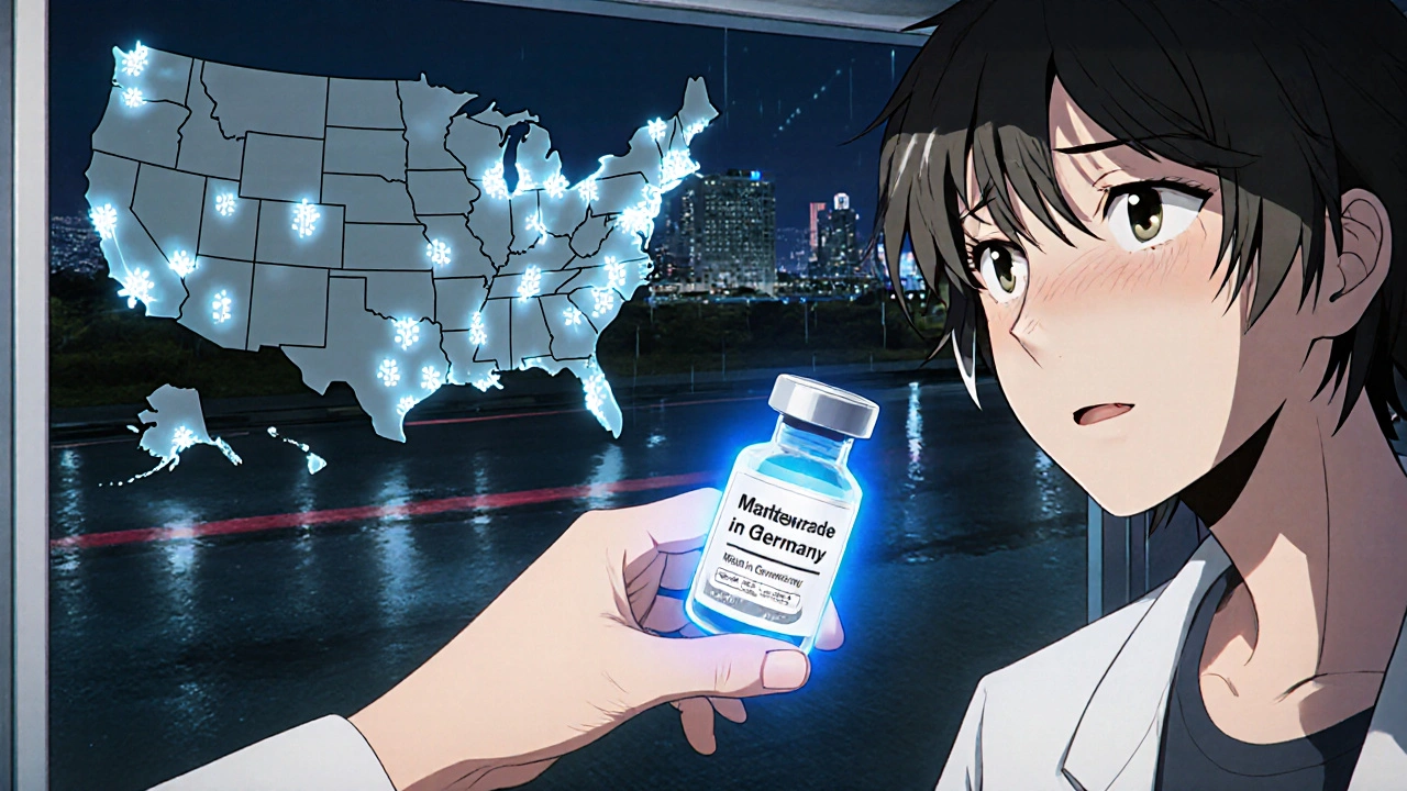 A patient receives foreign-approved insulin through a pharmacy window, with a glowing vial and U.S. state maps in the background.