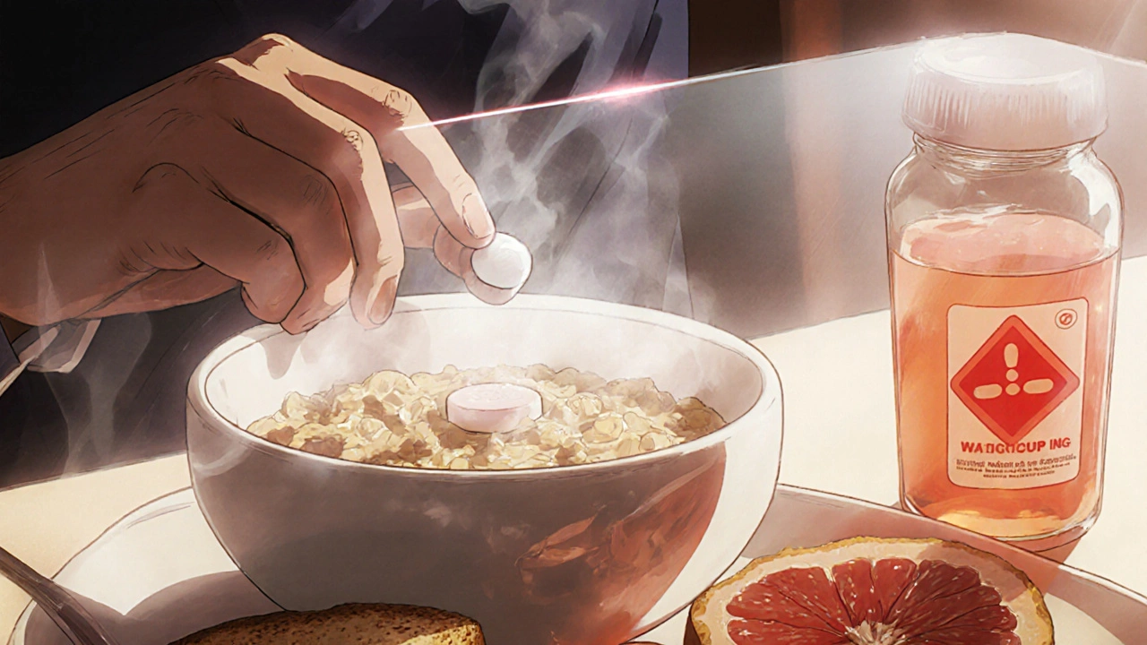 A patient taking ibuprofen with oatmeal while grapefruit juice is marked with a warning symbol on the table.