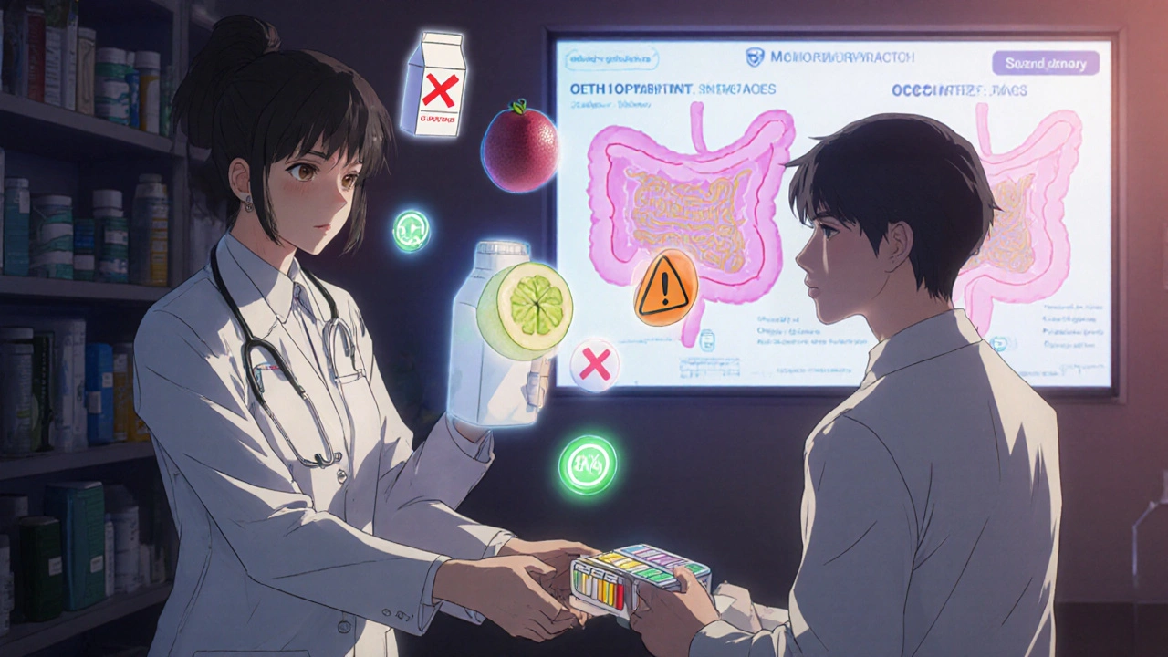 A pharmacist handing a patient a prescription with animated food-interaction icons floating above it.