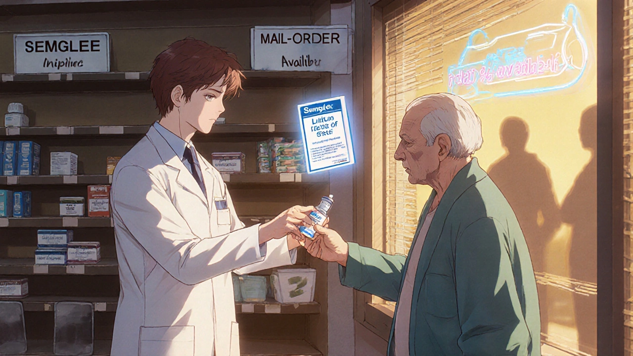 A pharmacist hands insulin to an elderly patient as empty shelves show a drug shortage in the background.