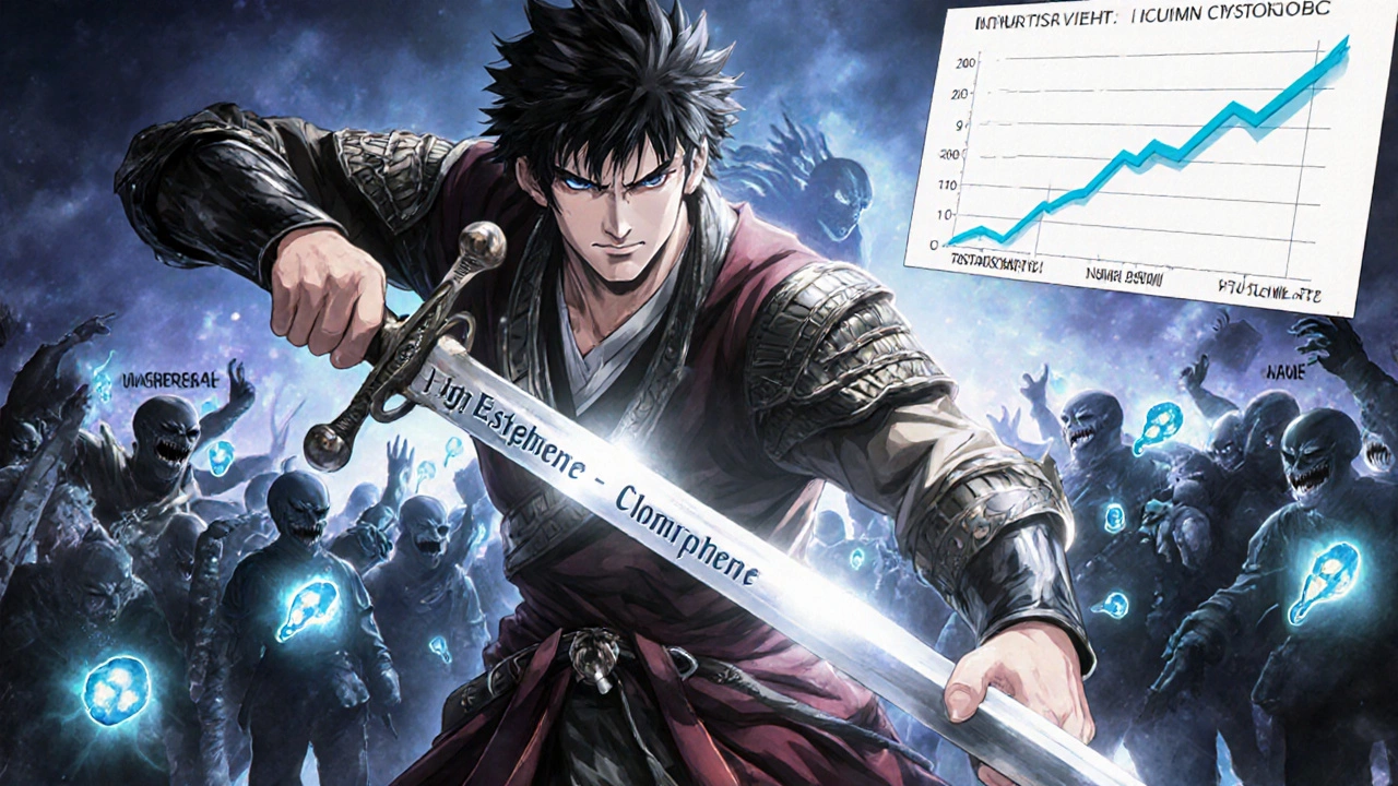 A warrior fights hormonal monsters inside the body while sperm cells rally behind him in an epic battle scene.