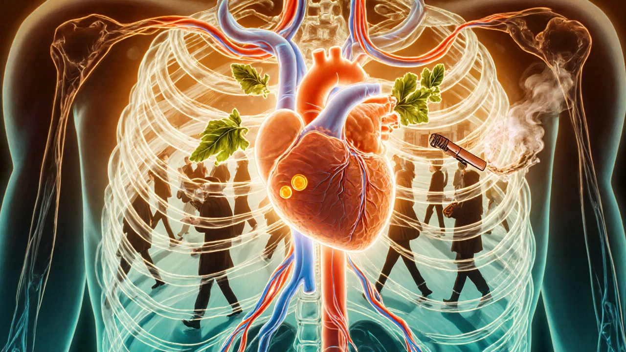 An open chest showing a healthy heart nourished by healthy foods, while a cigarette turns to ash, surrounded by unaware people.