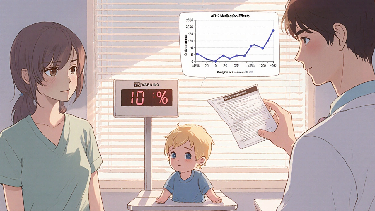 Child on scale in clinic with weight loss warning from ADHD medication.