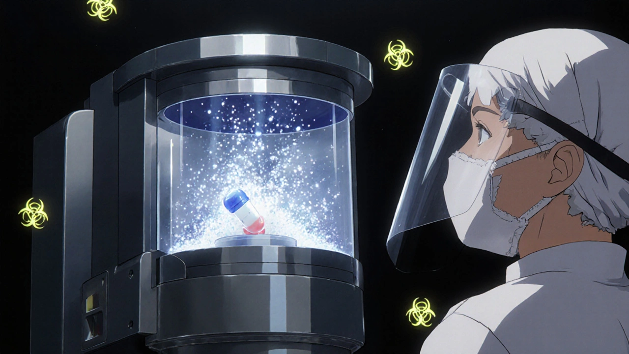 Closed-system crusher sealing hazardous drug particles, caregiver in protective gear observing.