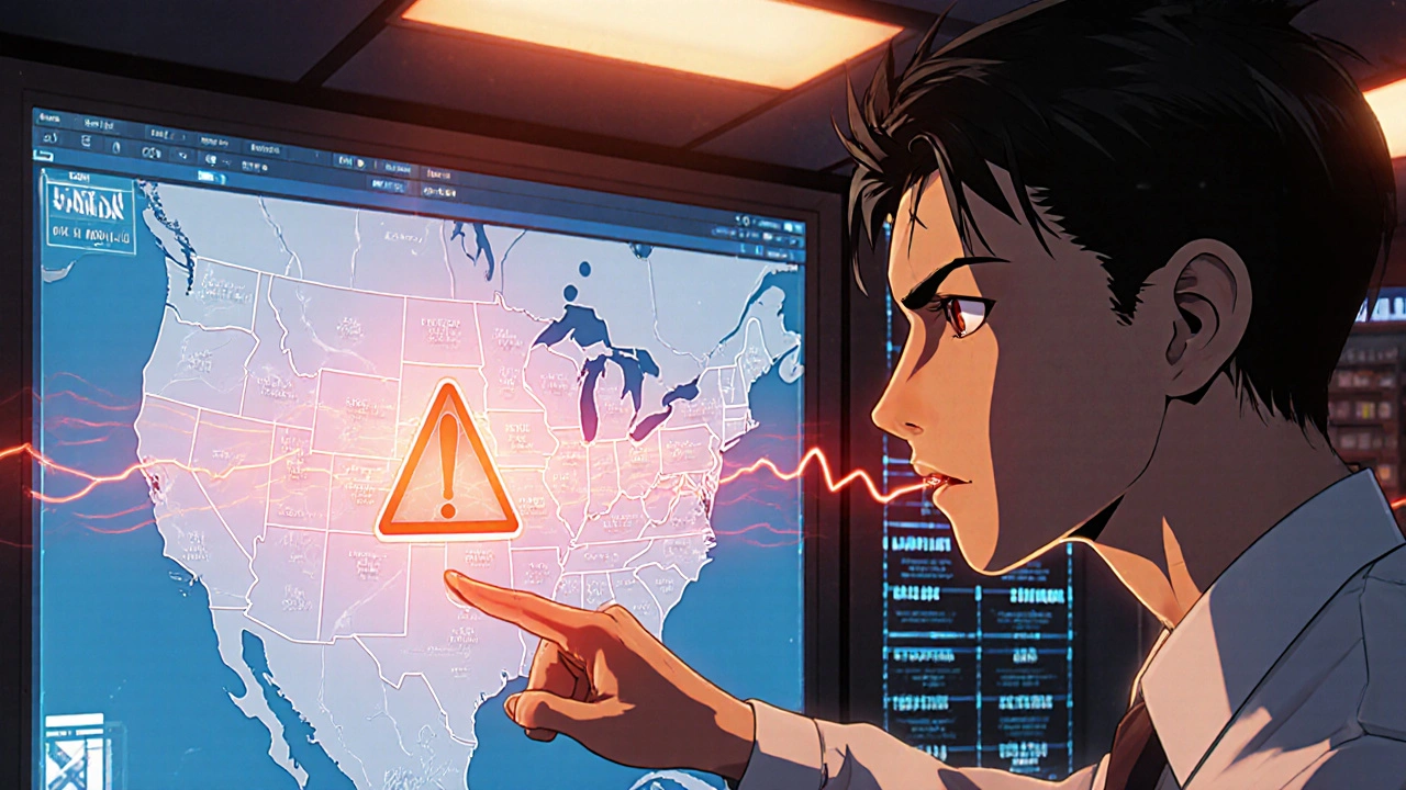 Data analyst pointing at an AI alert showing a global supply chain disruption.