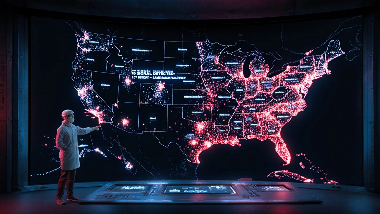 Digital FDA dashboard with NDC-coded data points glowing across a U.S. map, red clusters indicating underreported reactions.