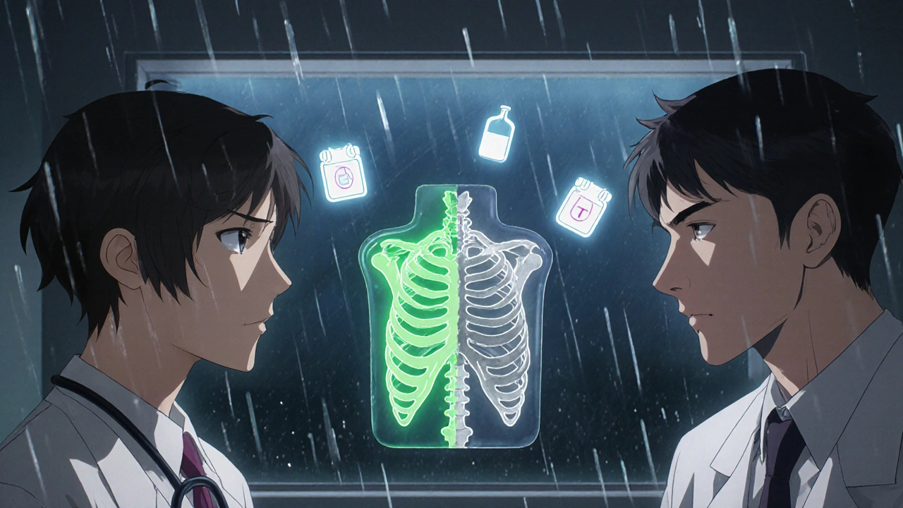 Doctor and dentist flanking a patient with a glowing bone model showing healthy vs. necrotic bone tissue.