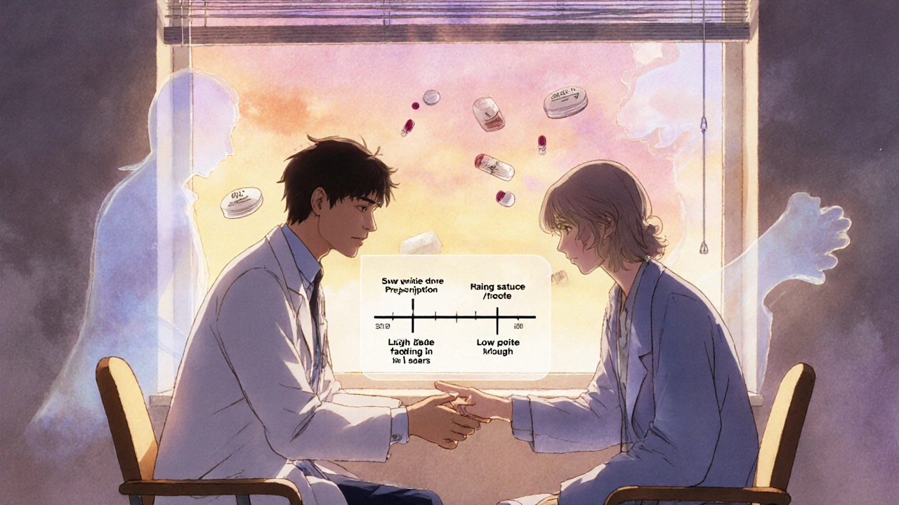 Doctor and patient sharing a quiet moment with opioid prescription and fading nausea timeline.