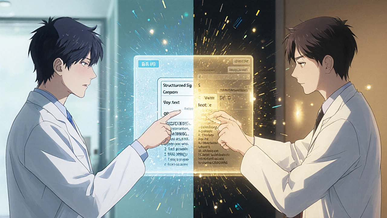 Doctors debating structured vs. free-text prescription inputs on a holographic EHR screen.