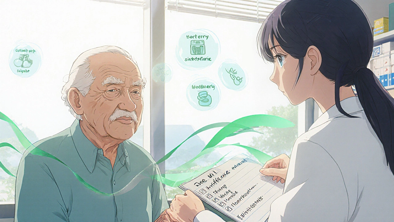 Elderly patient and pharmacist discussing side effects in a bright community clinic, holding a pill organizer.