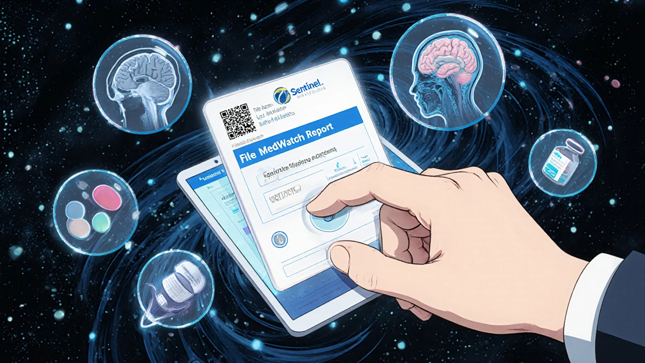 Man filing drug side effect report with medical data icons swirling around him.