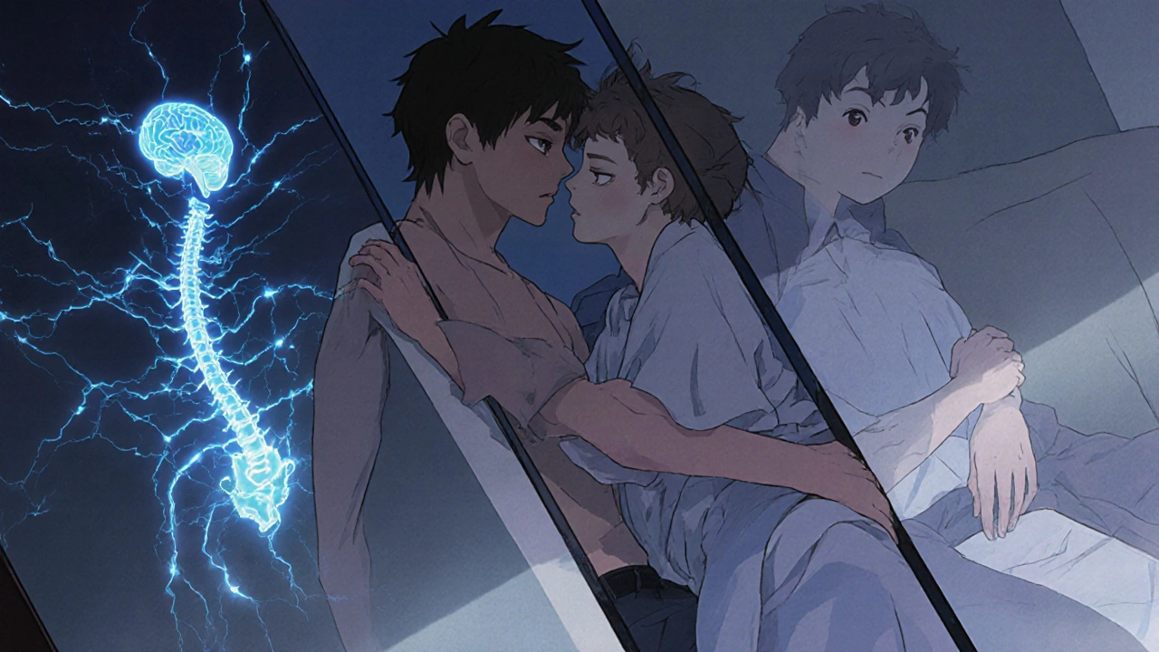 Man with MS sharing intimate moment with partner, neural signals glowing gently.