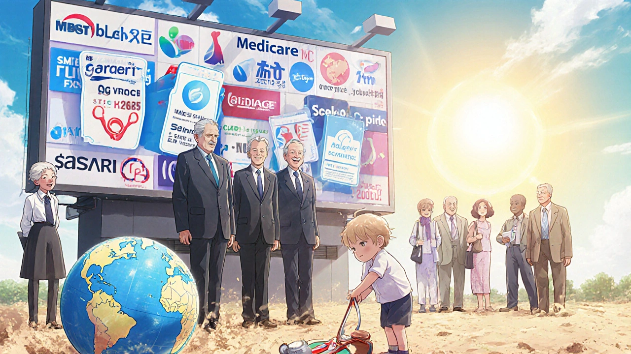 Medicare negotiators lower towering drug price tags as elderly patients smile under sunlight, with Japan and France marked in the background.