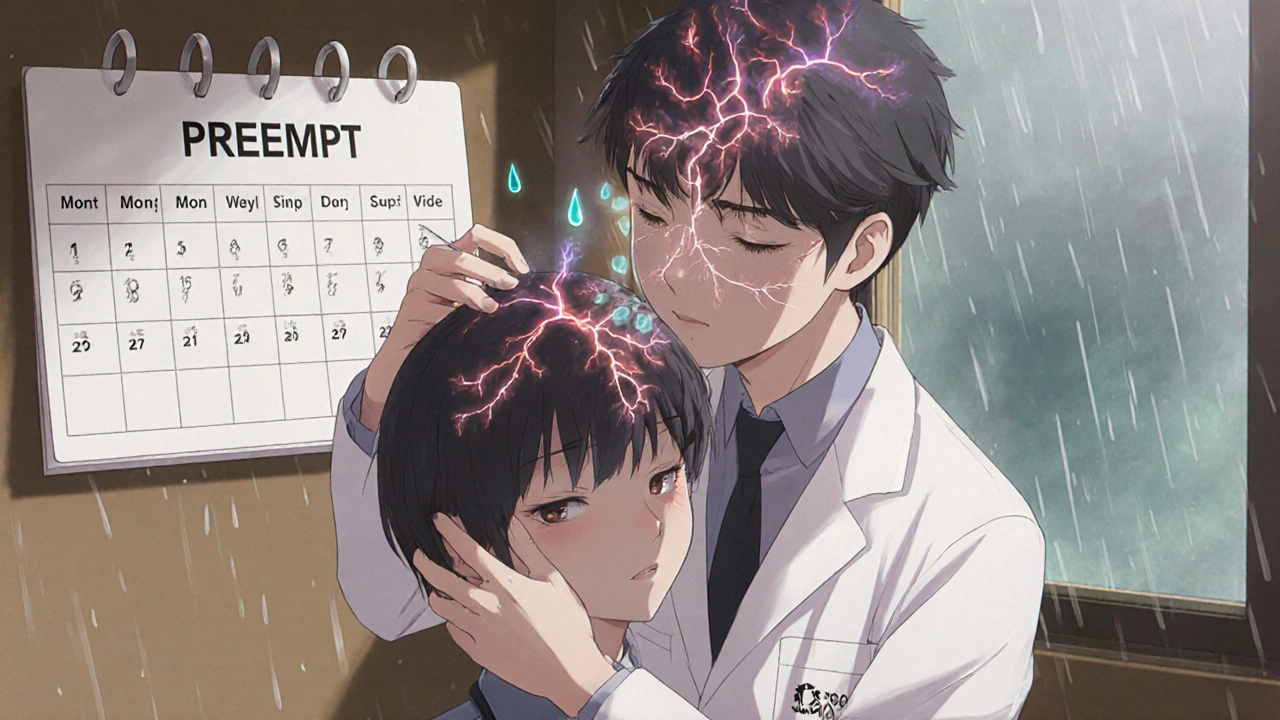 Neurologist injecting teen patient, glowing nerve pathways dimming as calendar shows months passing.