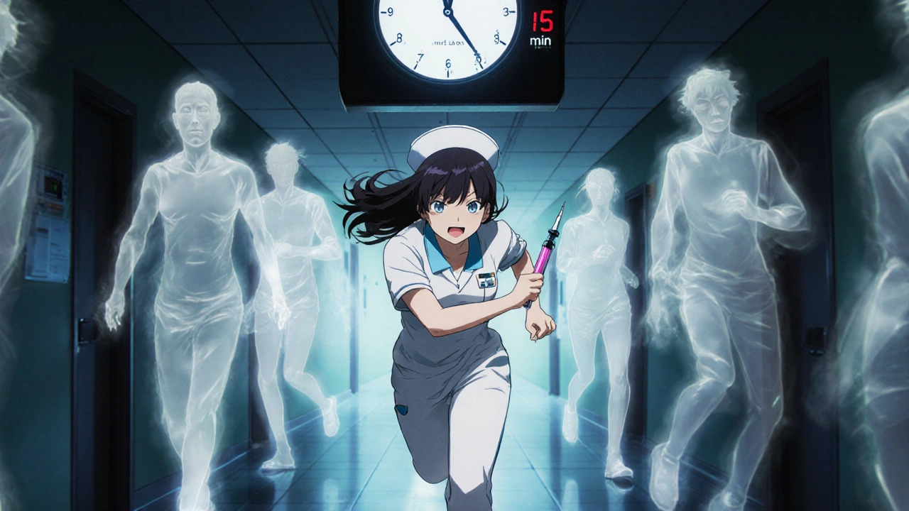Nurse rushing with insulin syringe in hospital hallway, ghostly patients and late clock in background.