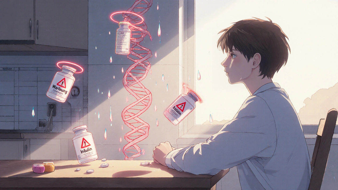 Patient at kitchen table with glowing high-risk meds and personalized genetic timetable at dawn.