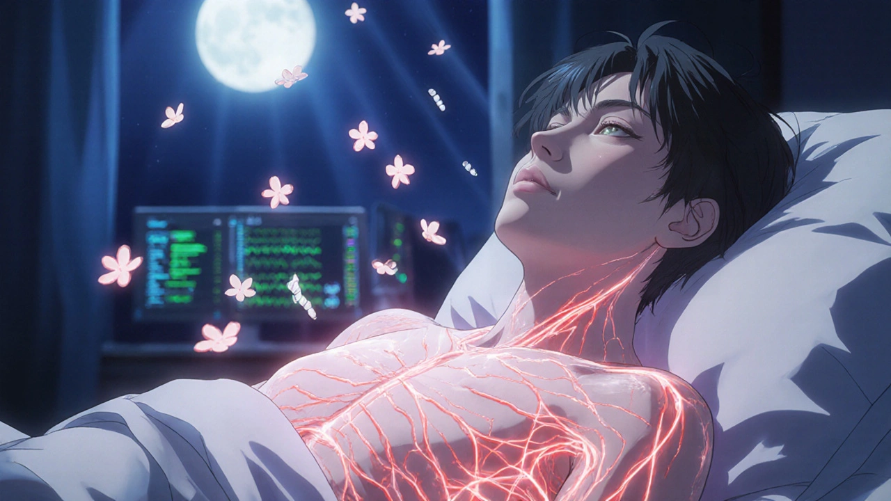 Patient at night with glowing portal veins and medicinal molecules entering their body, symbolizing beta-blocker protection.