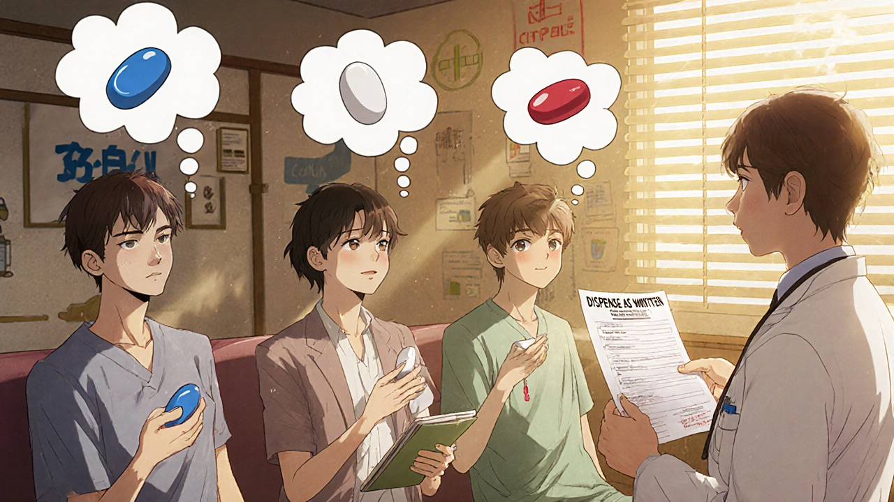 Patients in a waiting room holding differently shaped pills, each with thought bubbles showing health impacts.