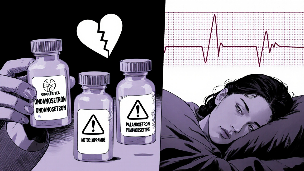 Pharmacist holding antiemetic vials with heart warning and ECG spike beside calming alternatives.