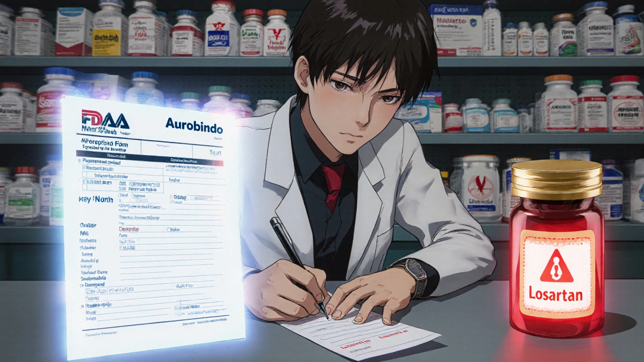 Pharmacist writing manufacturer name on prescription as holographic FDA report appears nearby.