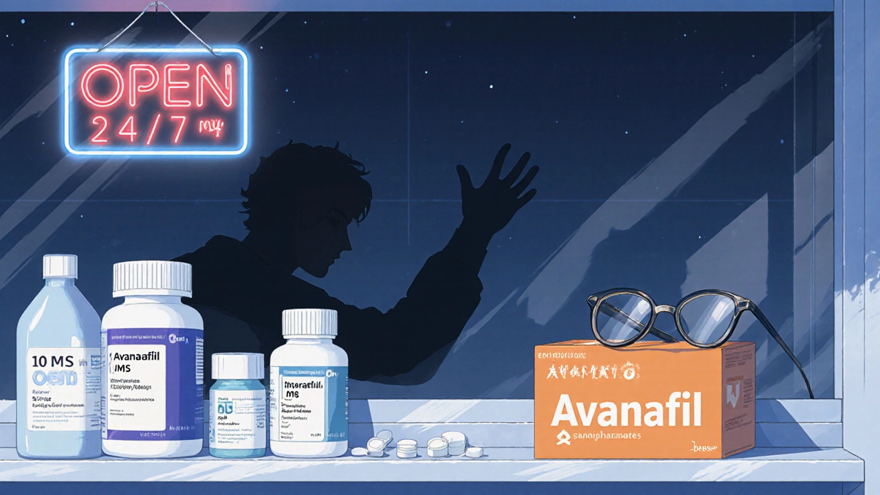 Pharmacy shelf with avanafil and MS medications, glasses resting on top at night.