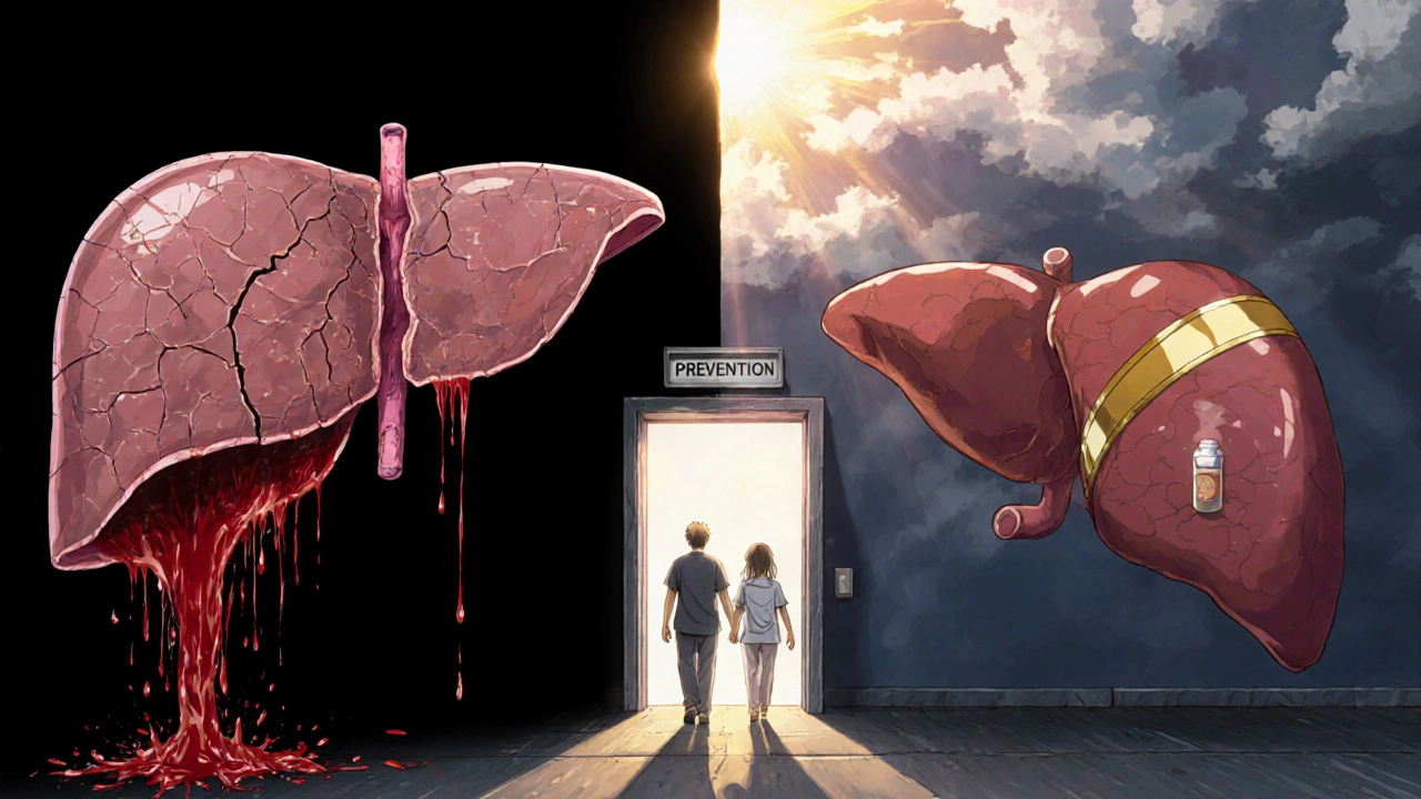 Split scene contrasting damaged liver with healthy one, patient walking toward prevention under sunlight.