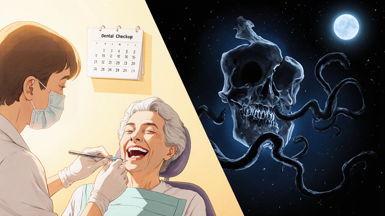 Split scene: dentist cleaning teeth on one side, fractured jawbone with dark tendrils on the other.