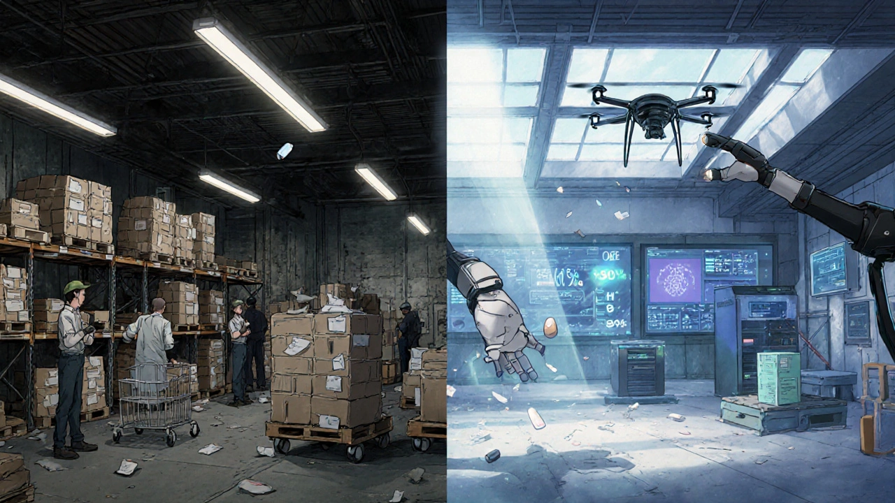Split scene: outdated warehouse vs. futuristic AI-powered distribution hub.