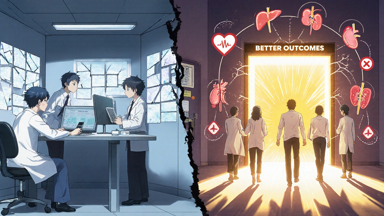 Split scene showing isolated healthcare workers versus a united team with glowing medication pathways.