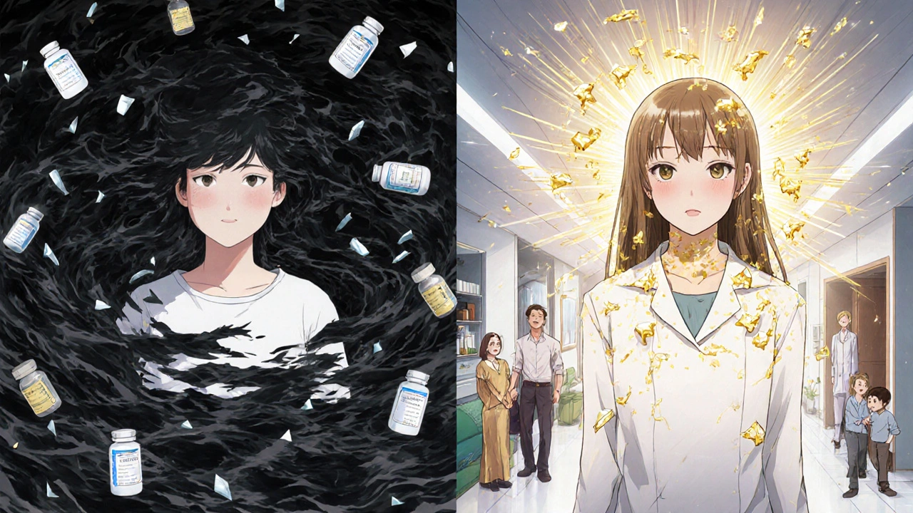 Two patients: one surrounded by storm and pills, the other bathed in light as Botox breaks through migraine clouds.