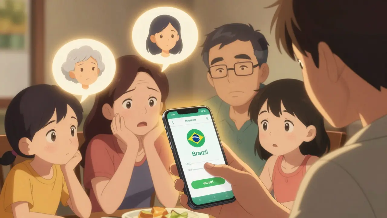 A Brazilian family gathered around a phone, glowing faces of relatives influencing a health app decision.