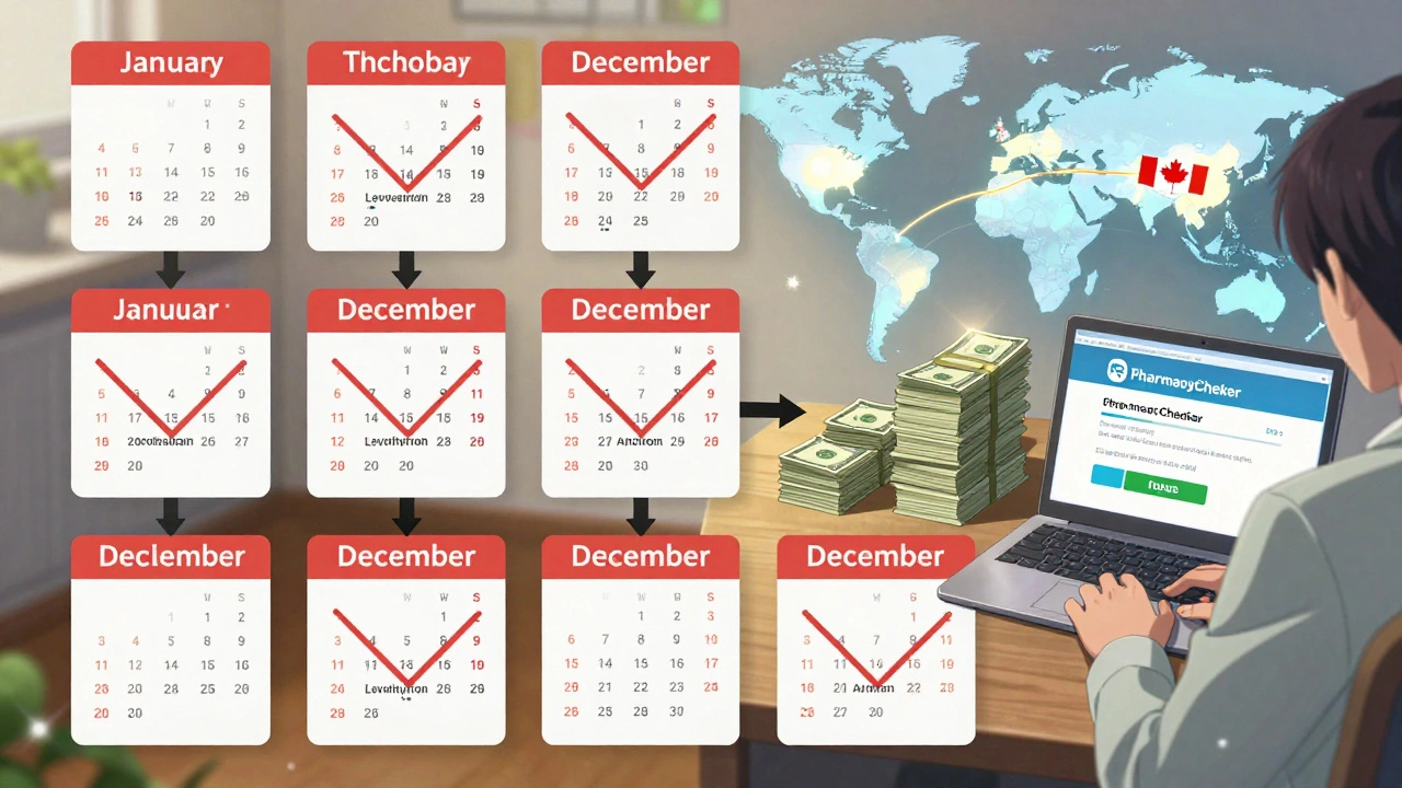 A calendar showing falling drug prices and a growing stack of savings, with global shipping routes glowing in the background.