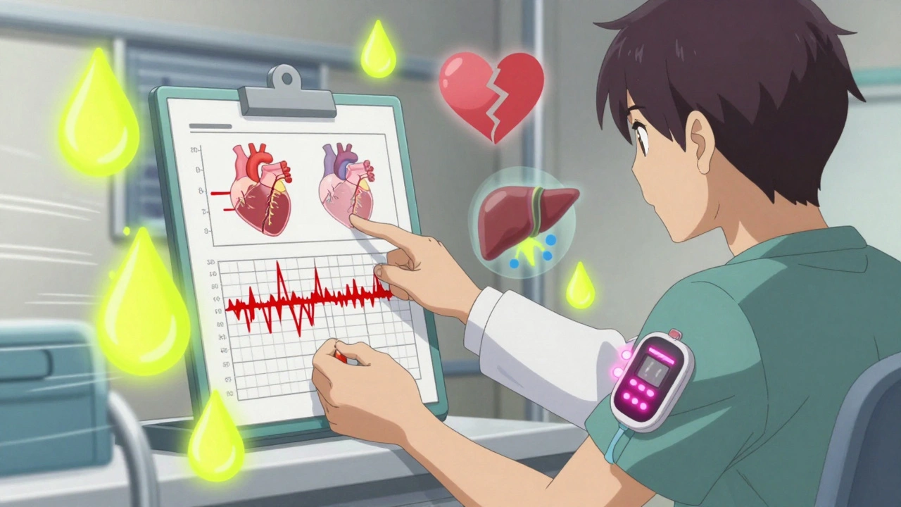 A doctor explains diabetes risks to a patient wearing a CGM, with carvedilol pill and glowing sweat icons nearby.