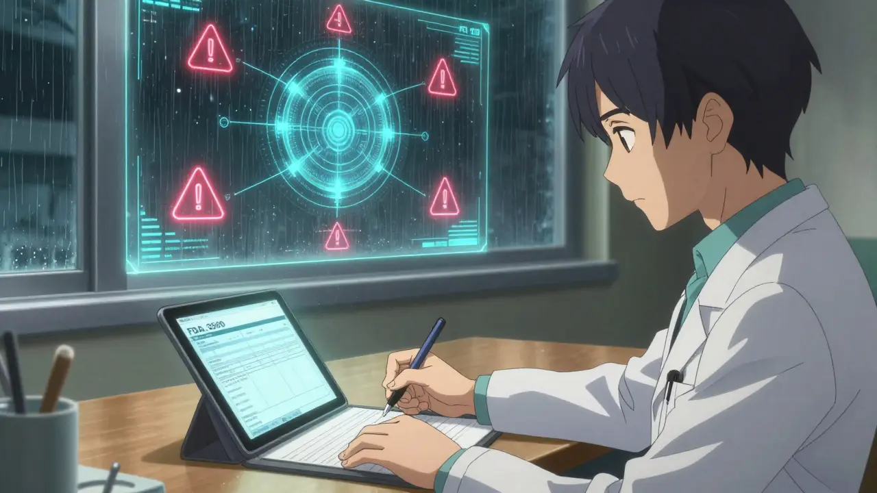 A doctor filling out a safety report on a tablet, with a holographic FDA database glowing above in a hospital setting.