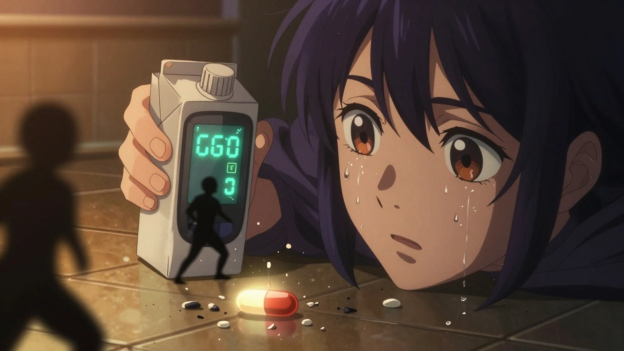 A hand grips juice as cold sweat falls, CGM alert glows in background while harmful pills dissolve into dust.