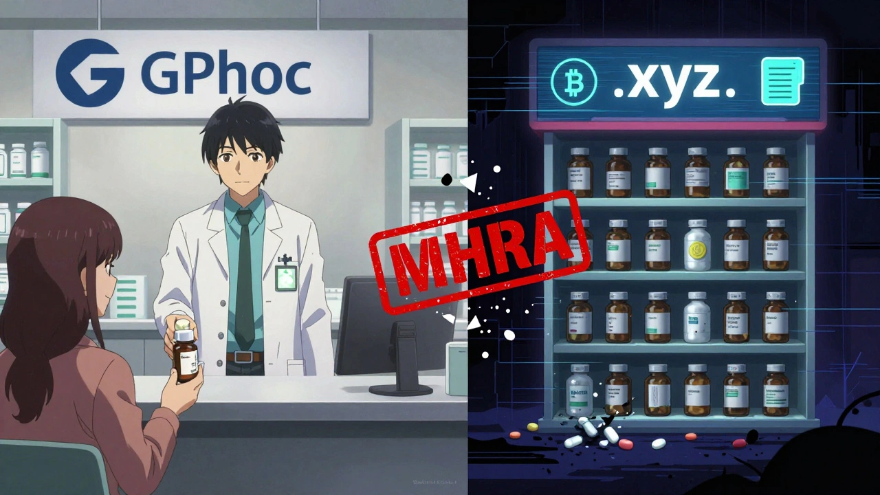 A licensed pharmacist handing medication to a customer, while a dark, glitchy fake pharmacy crumbles beside them.
