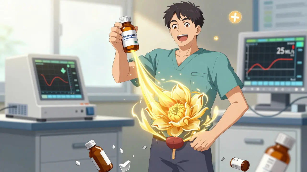 A man holding mirabegron as golden energy relaxes his bladder, with shattered anticholinergic bottles and a strong urine flow reading in the background.