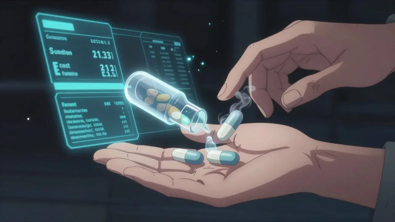 A modular pill hovers above a hand, splitting into two generics that fade into smoke, with data streams around it.