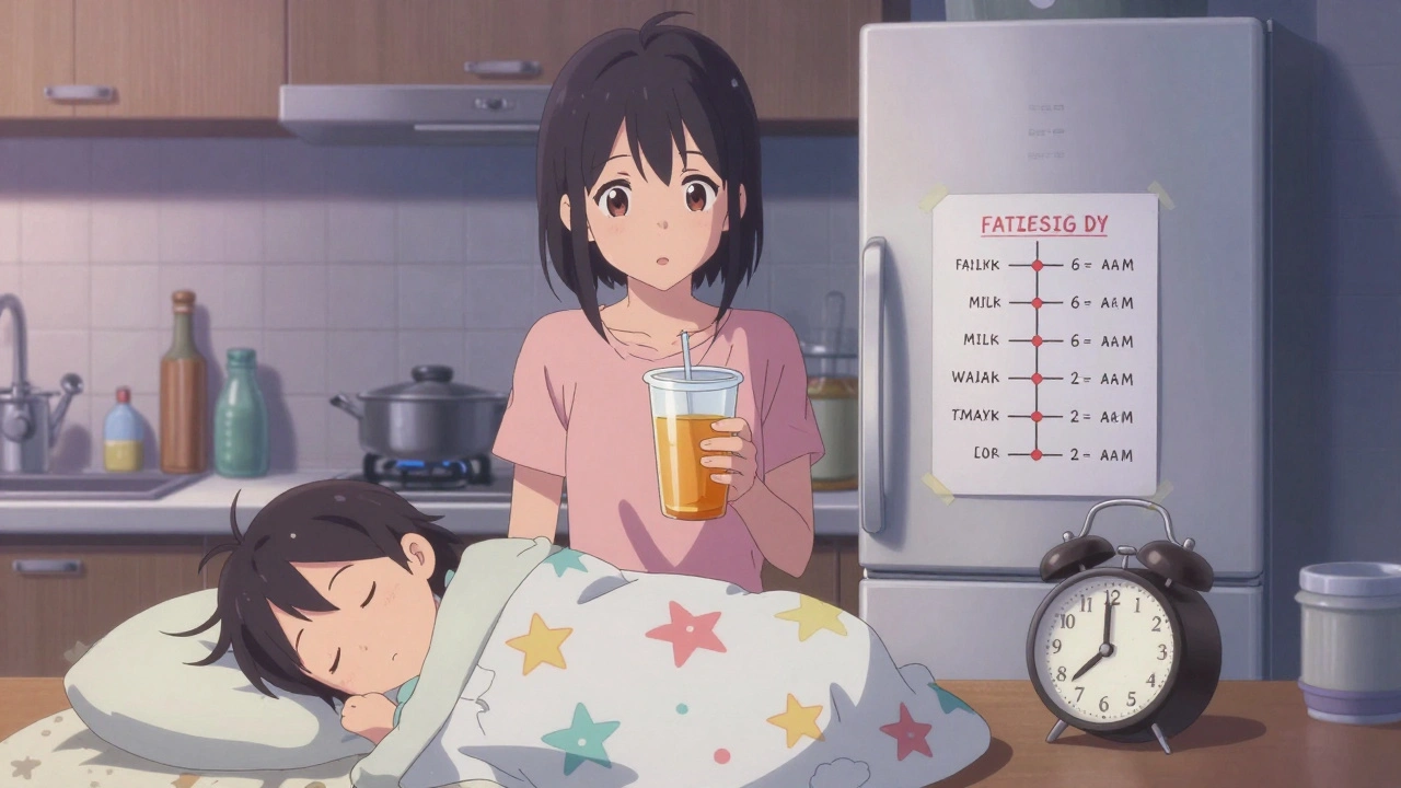 A mother holds clear liquid for a child before surgery, with a fasting schedule visible on the fridge at dawn.