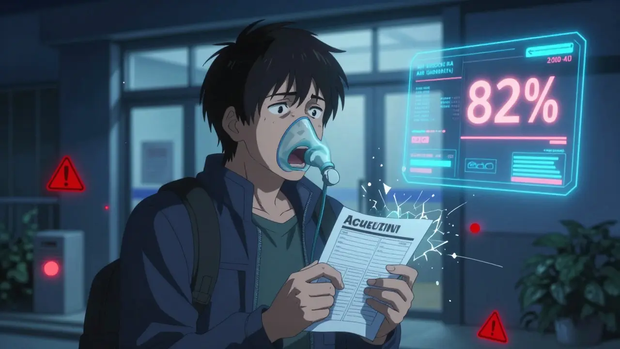 A person in distress outside a hospital, red warning symbols around them, holding their asthma plan as digital data glows in the background.