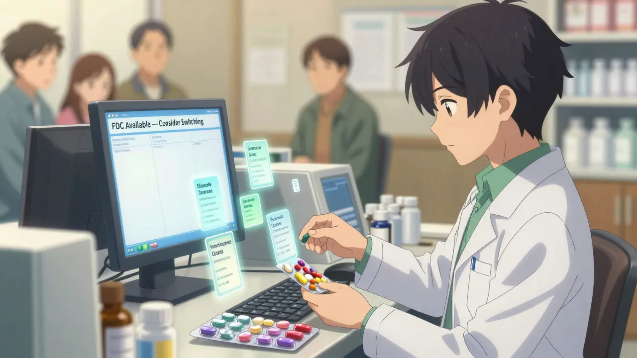 A pharmacist sorts pills into a color-coded blister pack, with a digital warning about combination pills visible.