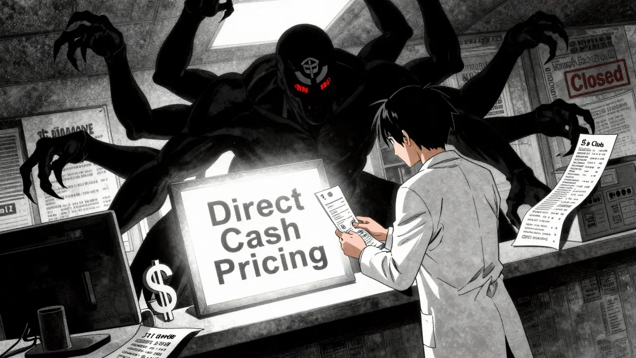 A pharmacist standing defiantly against a shadowy corporate entity made of contracts and dollar signs.
