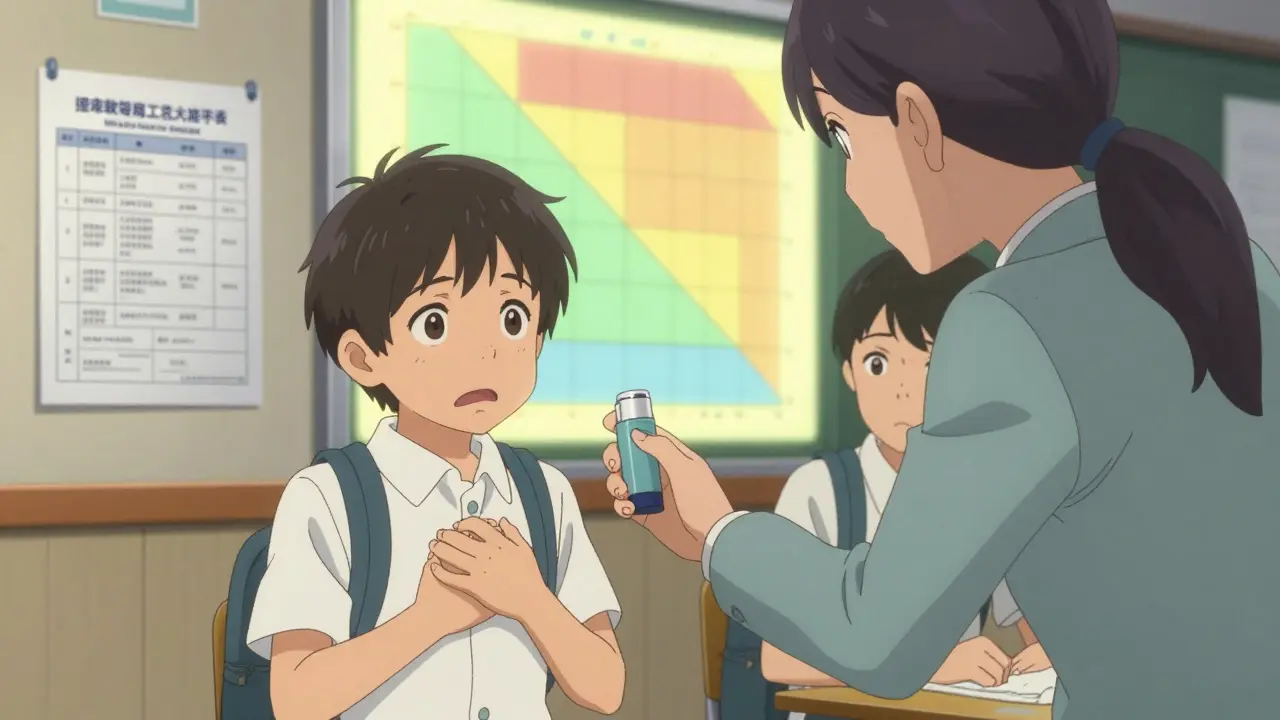 A teacher helping a child use an inhaler in school, with a glowing yellow zone chart on the wall.