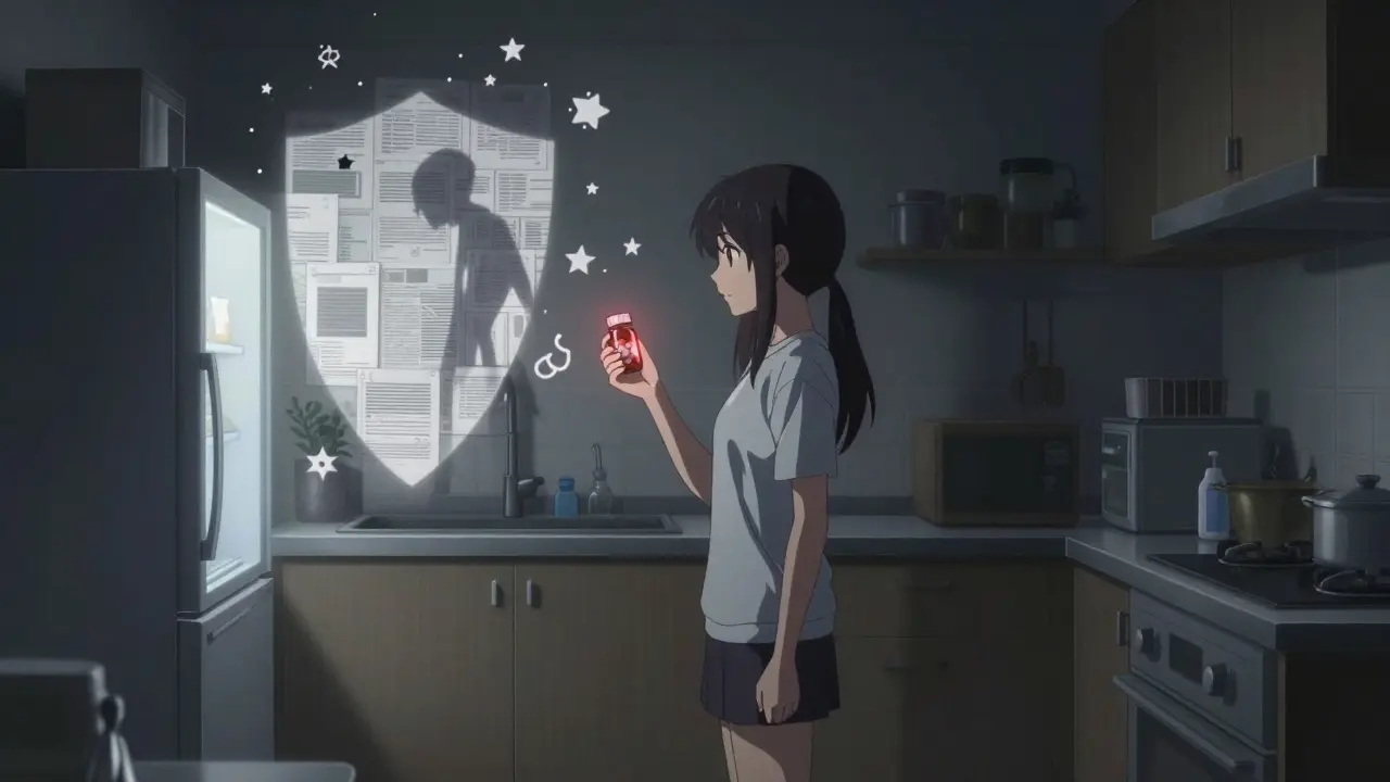 A woman holding a glowing pill bottle, her shadow forming a shield made of safety reports under soft nighttime light.