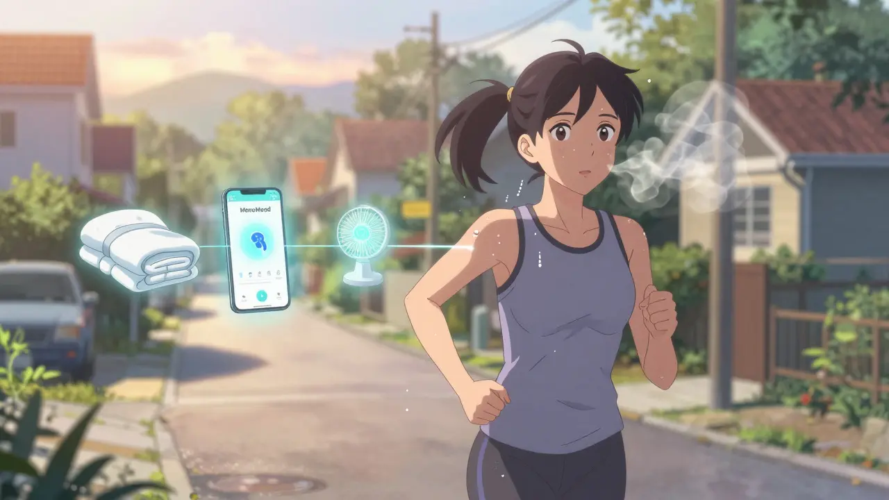A woman jogs at sunrise, surrounded by symbols of holistic healing—sleep aids, app, and microbiome—under warm morning light.