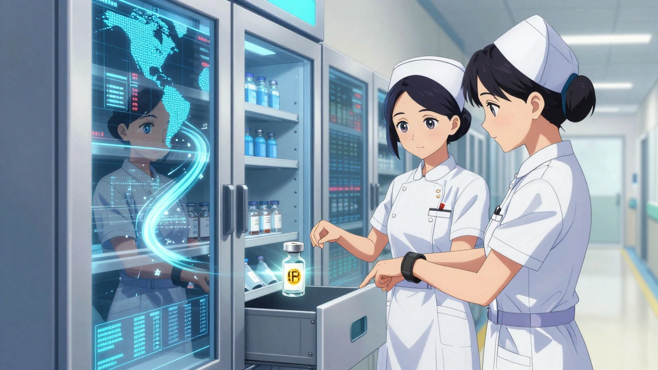 An automated dispensing cabinet opening to release a vial with a glowing RFID tag, nurses watching in a hospital corridor.