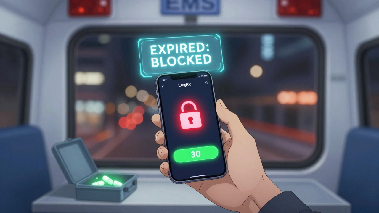 An EMS paramedic in an ambulance viewing an expired medication alert on their phone with a red locked icon.