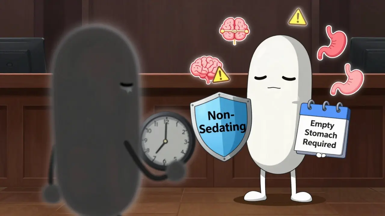 Anthropomorphic pills debating drowsiness vs. alertness with medical symbols floating around them.